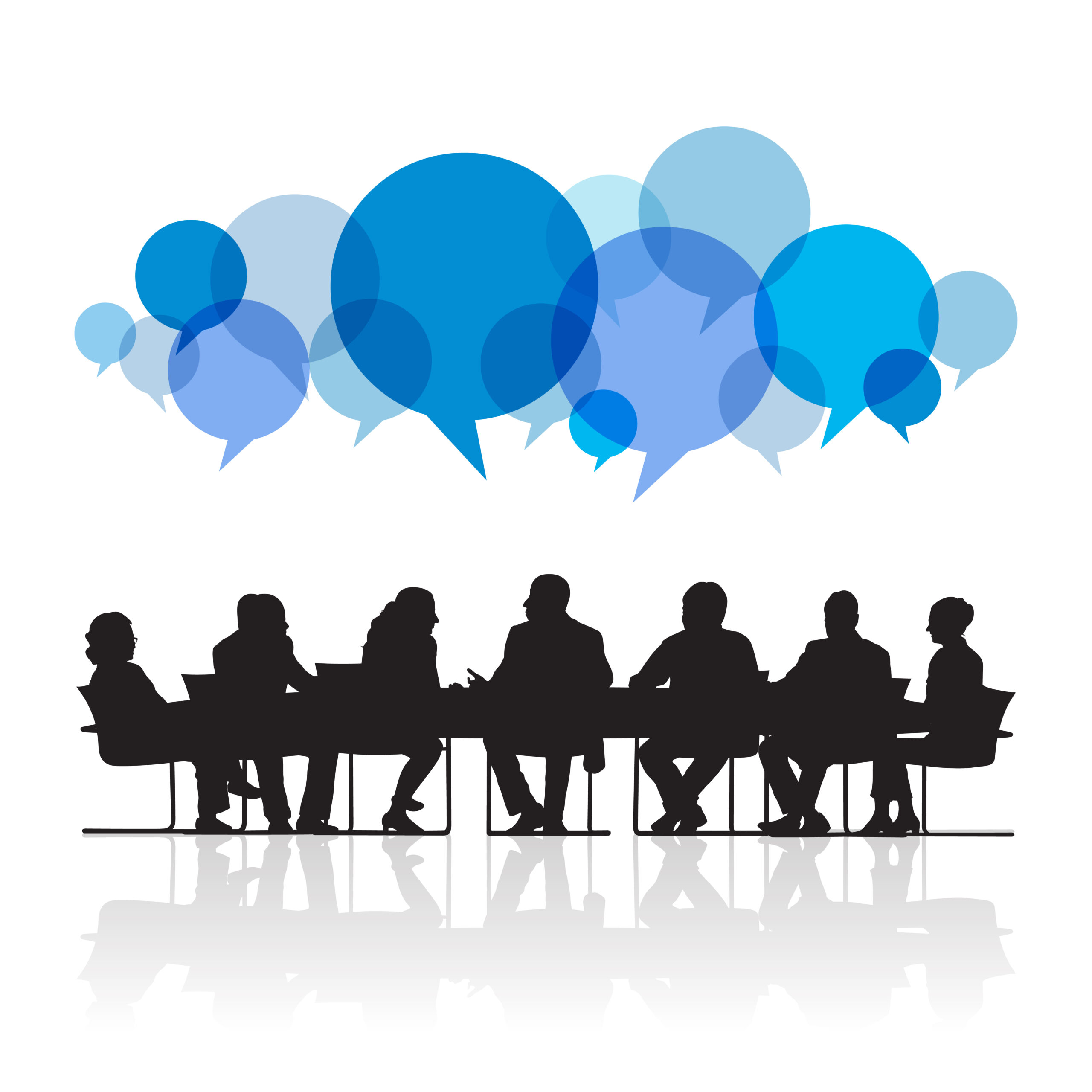 Governance 4 Illustration of seven business people in the meeting around a table, the people are drawn as silhouettes and there are multiple speech bubbles above their heads in various shades of blue.