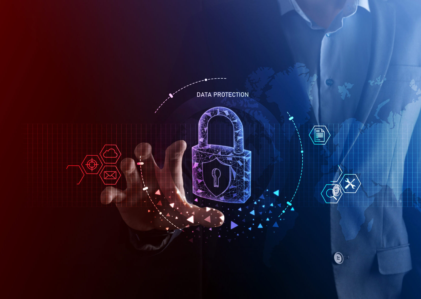 Contact information 3 A person faded into the background on the right side, with their hand coming forward reaching towards an illustration of a padlock which is locked, with the words data protection written above. There's a circle etched around the padlock in white and coming off from it are some icons in different colours which represent different types of technology. In the background there's an image of the world which is superimposed on the top of the person on the right side. The right side is a blue colour, and the gradient fades into a deep red on the left.