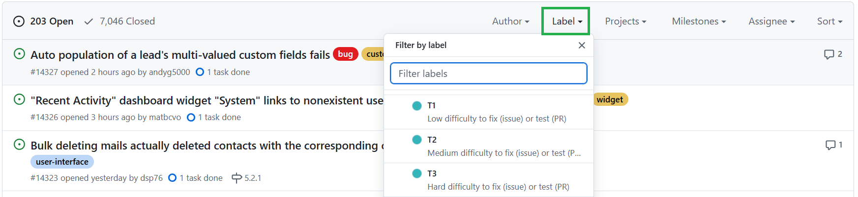 How to Get Started Contributing to Mautic: A Guide for Developers 3 Screeshot of filtering issues by one label at GitHub.