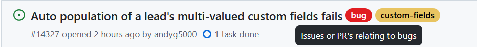 How to Get Started Contributing to Mautic: A Guide for Developers 2 Screenshot of "Issues or PR's relating to bugs" text in the state of hovering a bug issue label on GitHub.