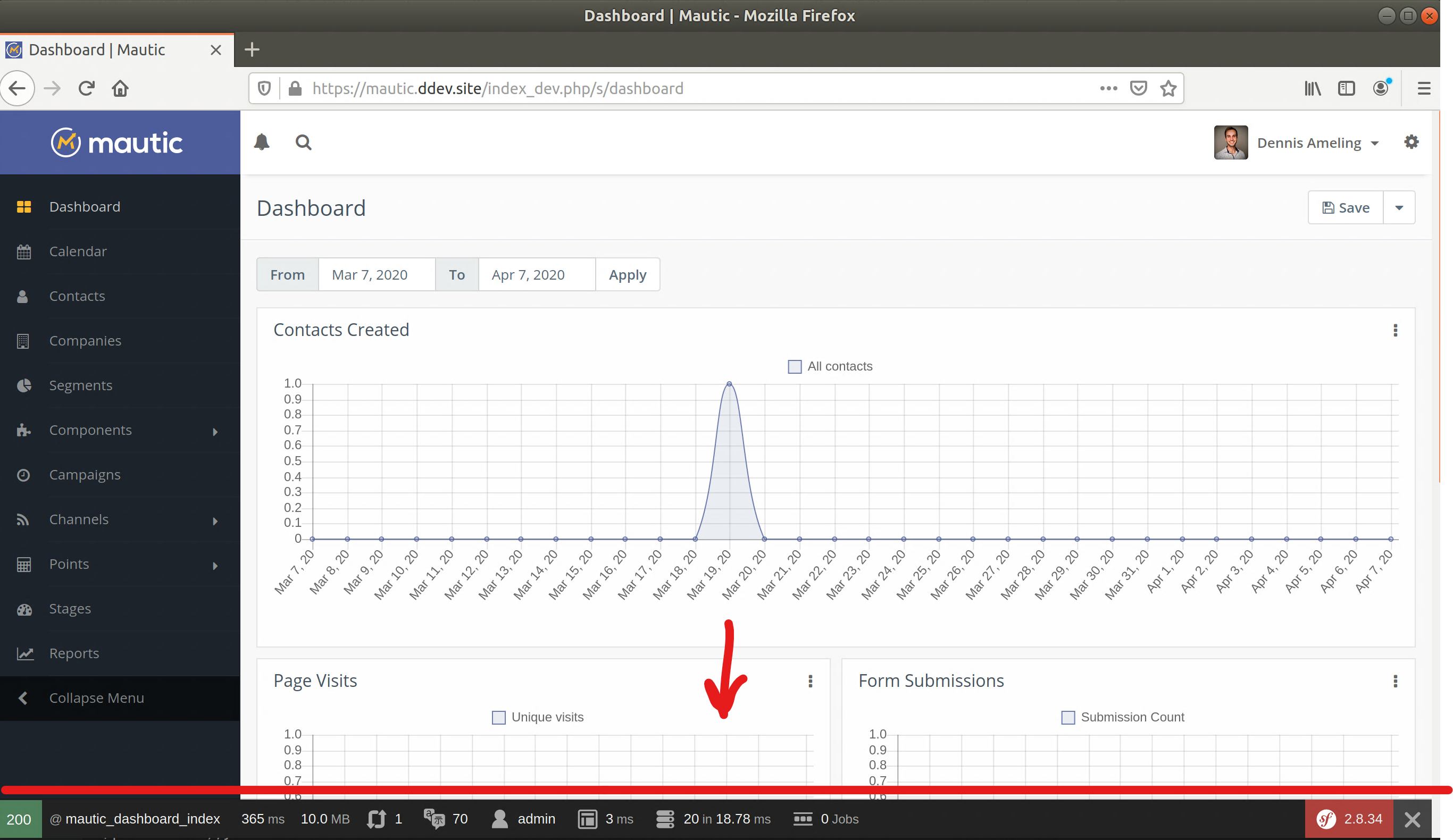 Local Mautic development with DDEV 1 Mautic profiler bar Symfony