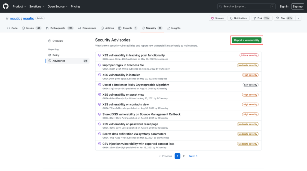 Reporting a security issue 1 Screenshot of GitHub's security advisory page for Mautic.