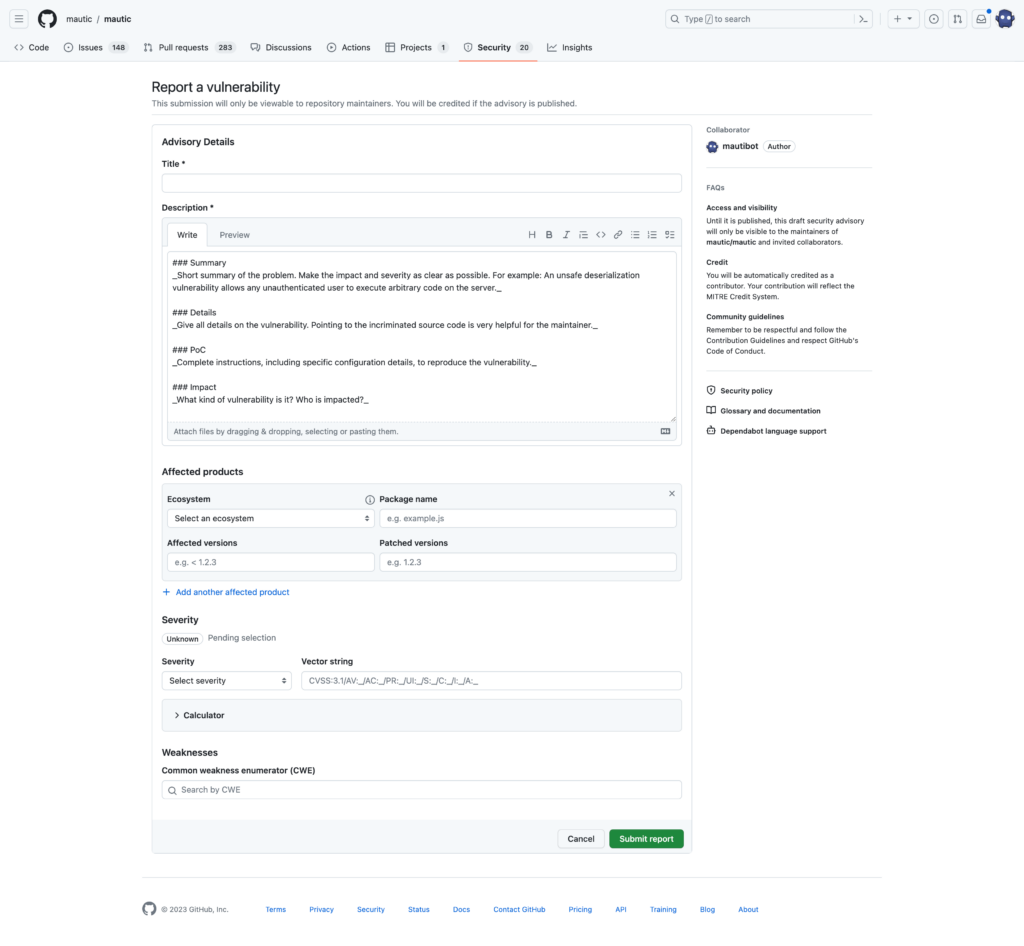 Reporting a security issue 2 vulnerability reporting screen github